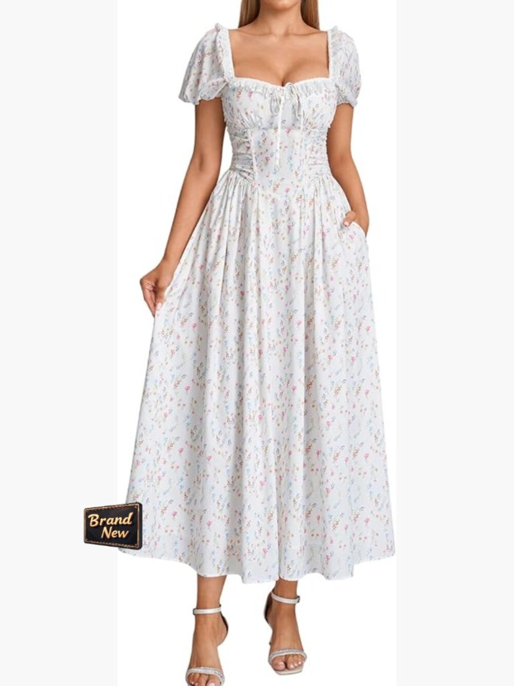 Womens Floral Corset Midi Dress Lace Up Puff Sleeve A-Line